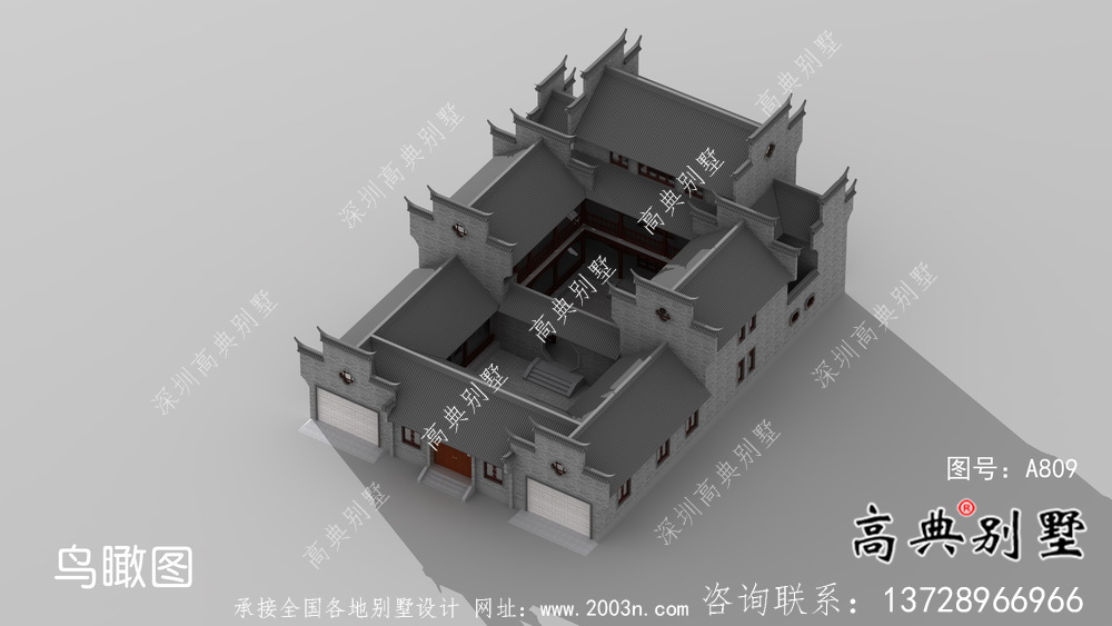 傳統(tǒng)中式三層徽派別墅設(shè)計(jì)外觀圖