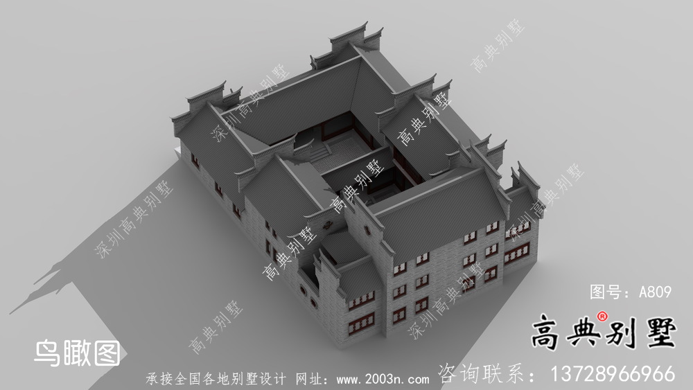 傳統(tǒng)中式三層徽派別墅設(shè)計(jì)外觀圖