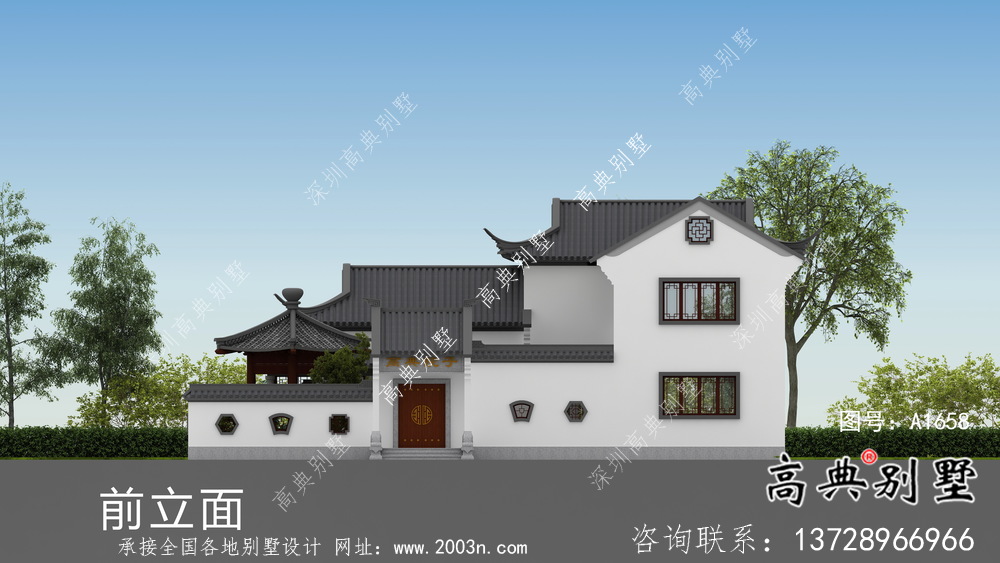 新農(nóng)村房屋中式二層住宅設(shè)計(jì)圖（帶寬闊大院及效果圖）